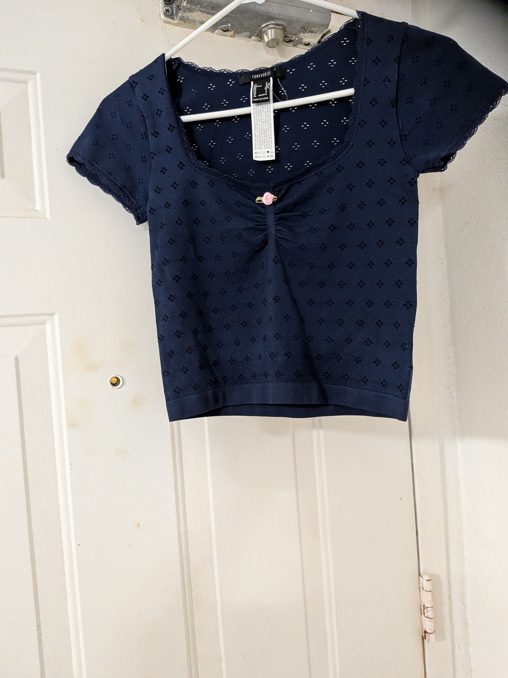 Forever 21 Navy Eyelet Short-Sleeve Cropped Top with Center Ruche